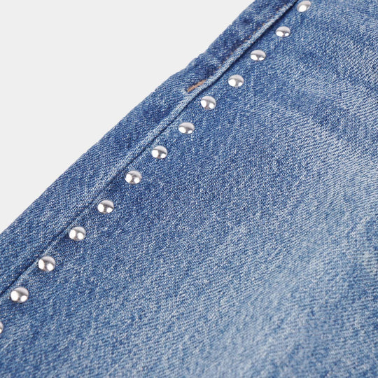 Girls Denim Stretch Pant Side Seams Studs-Mid Blue