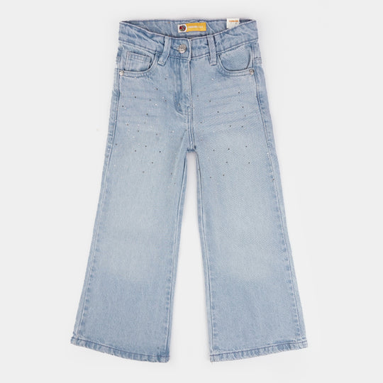 Girls Denim Stretch Pant Pearls & Studs-Ice Blue