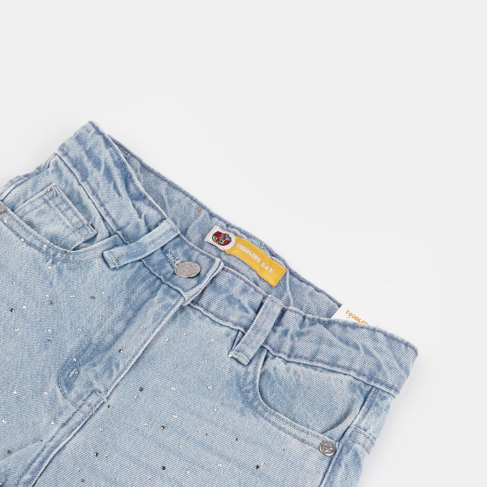 Girls Denim Stretch Pant Pearls & Studs-Ice Blue