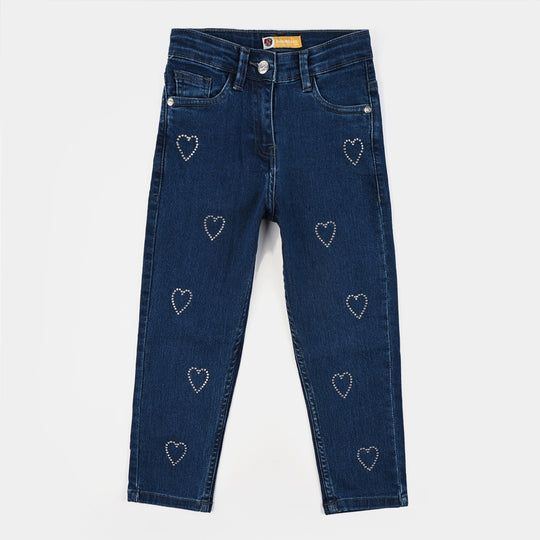 Girls Denim Stretch Pant Sequins Heart-Mid Blue