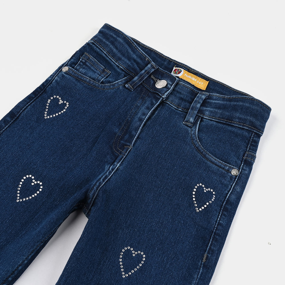Girls Denim Stretch Pant Sequins Heart-Mid Blue