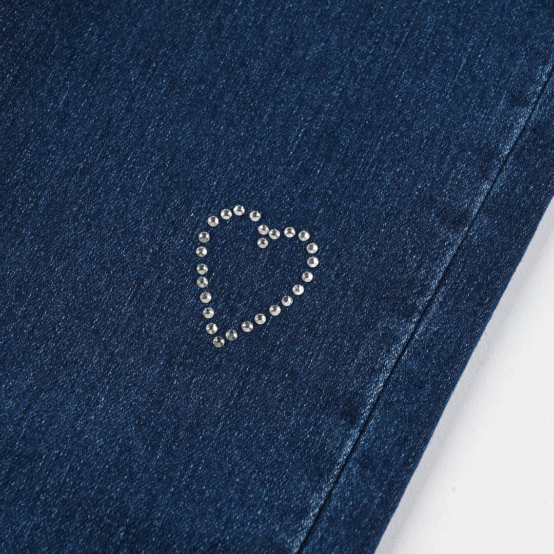 Girls Denim Stretch Pant Sequins Heart-Mid Blue
