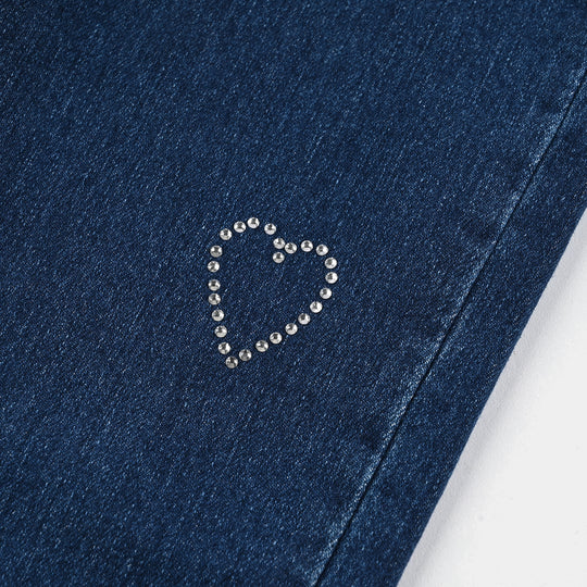Girls Denim Stretch Pant Sequins Heart-Mid Blue