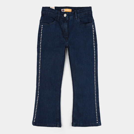 Girls Denim Stretch Pant Side Seams Studs-DARK BLUE