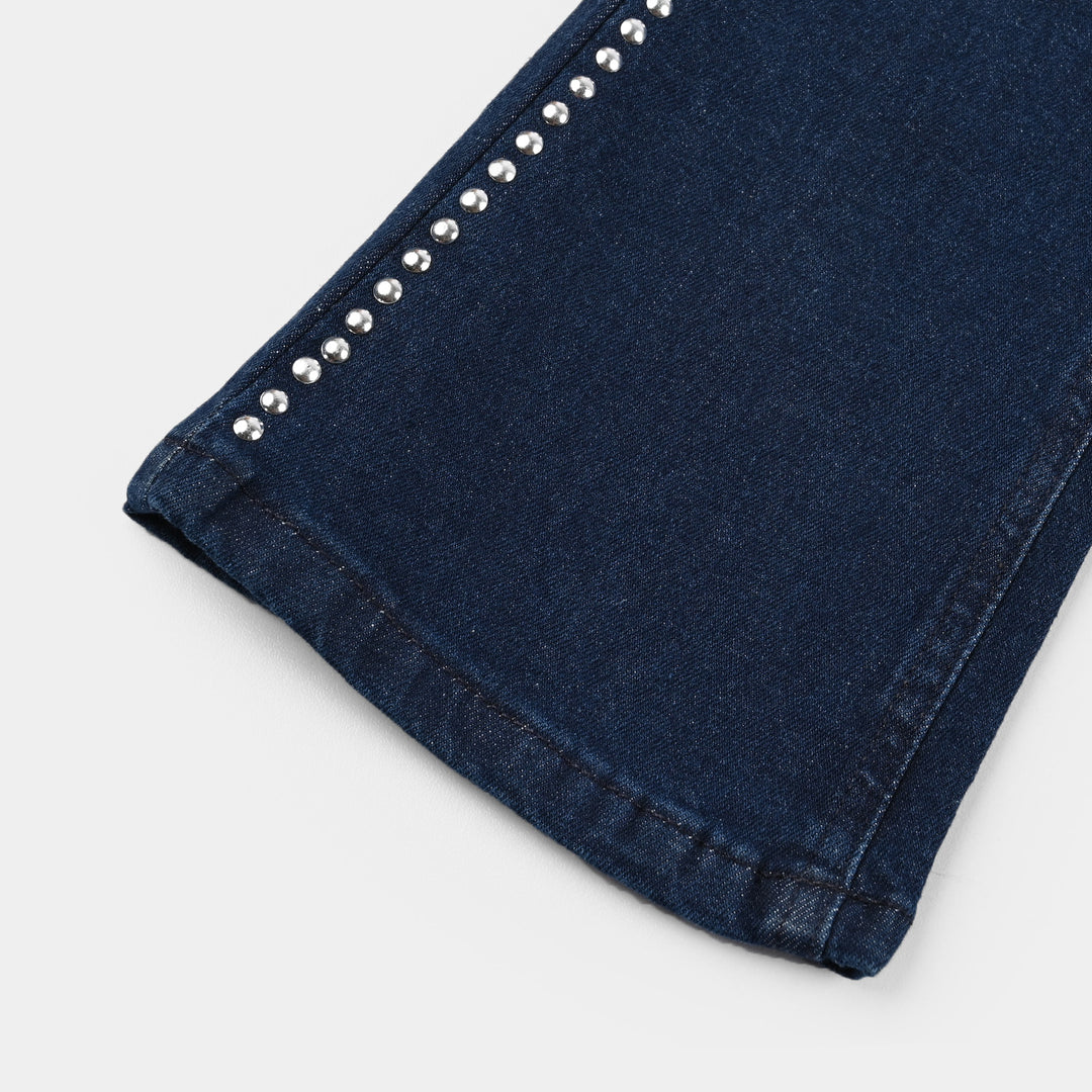 Girls Denim Stretch Pant Side Seams Studs-DARK BLUE