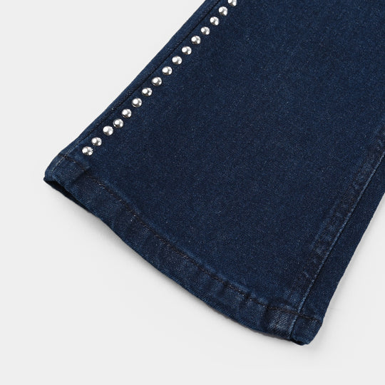 Girls Denim Stretch Pant Side Seams Studs-DARK BLUE