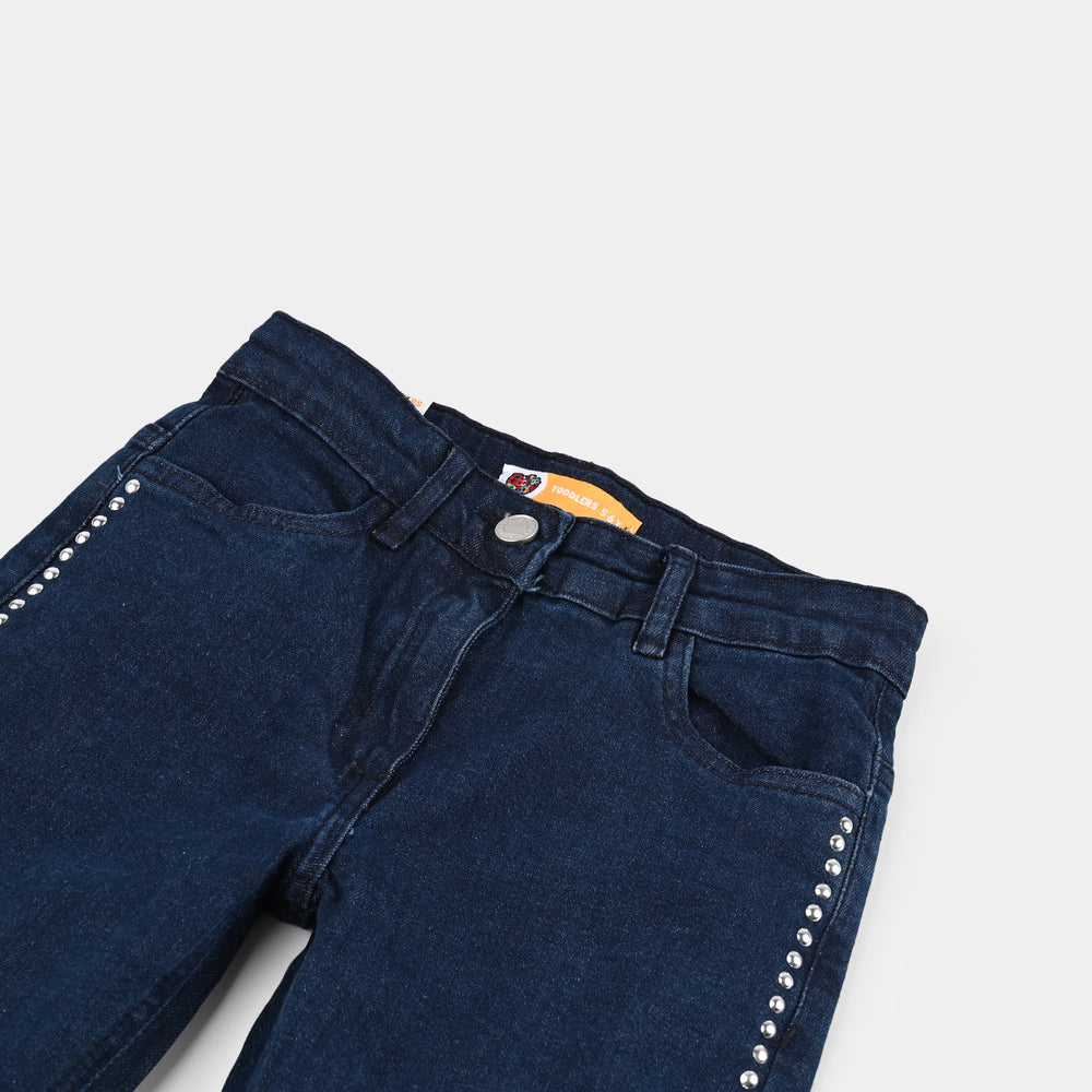 Girls Denim Stretch Pant Side Seams Studs-DARK BLUE