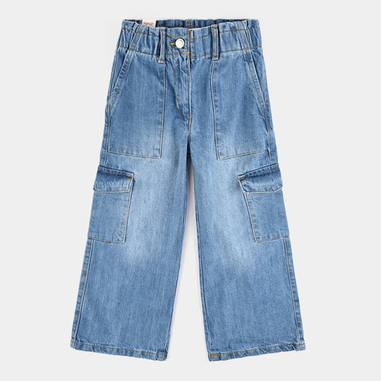 Girls Denim Stretch Pant Cargo-Mid Blue
