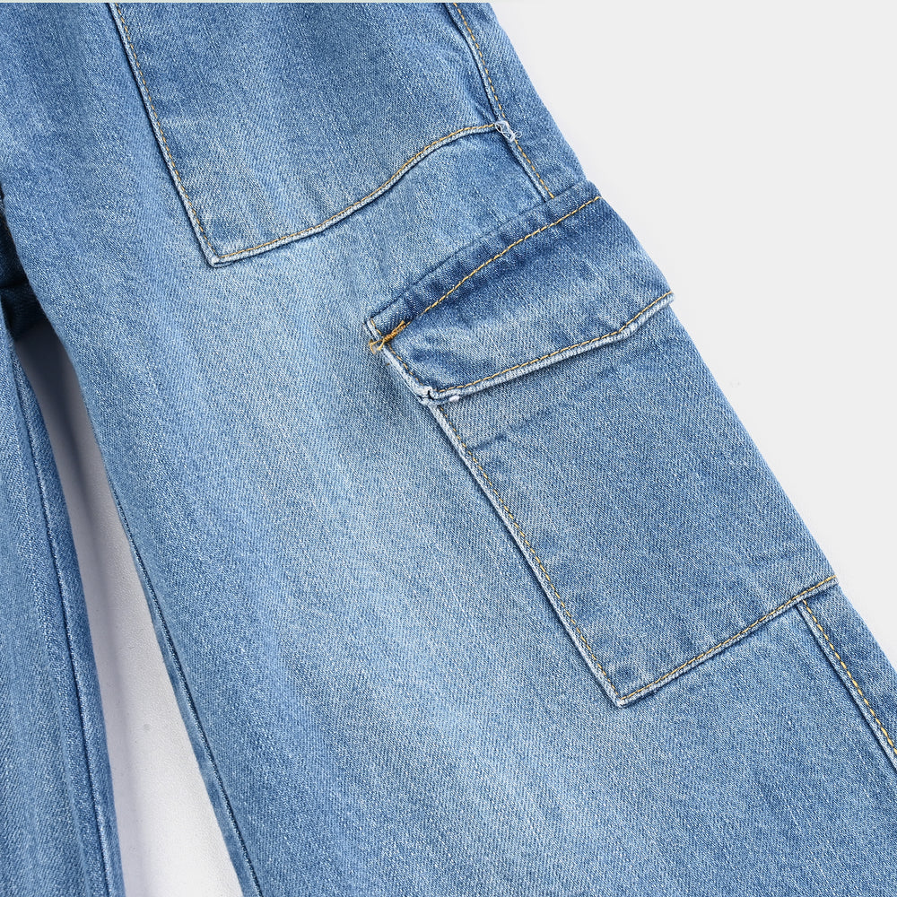 Girls Denim Stretch Pant Cargo-Mid Blue
