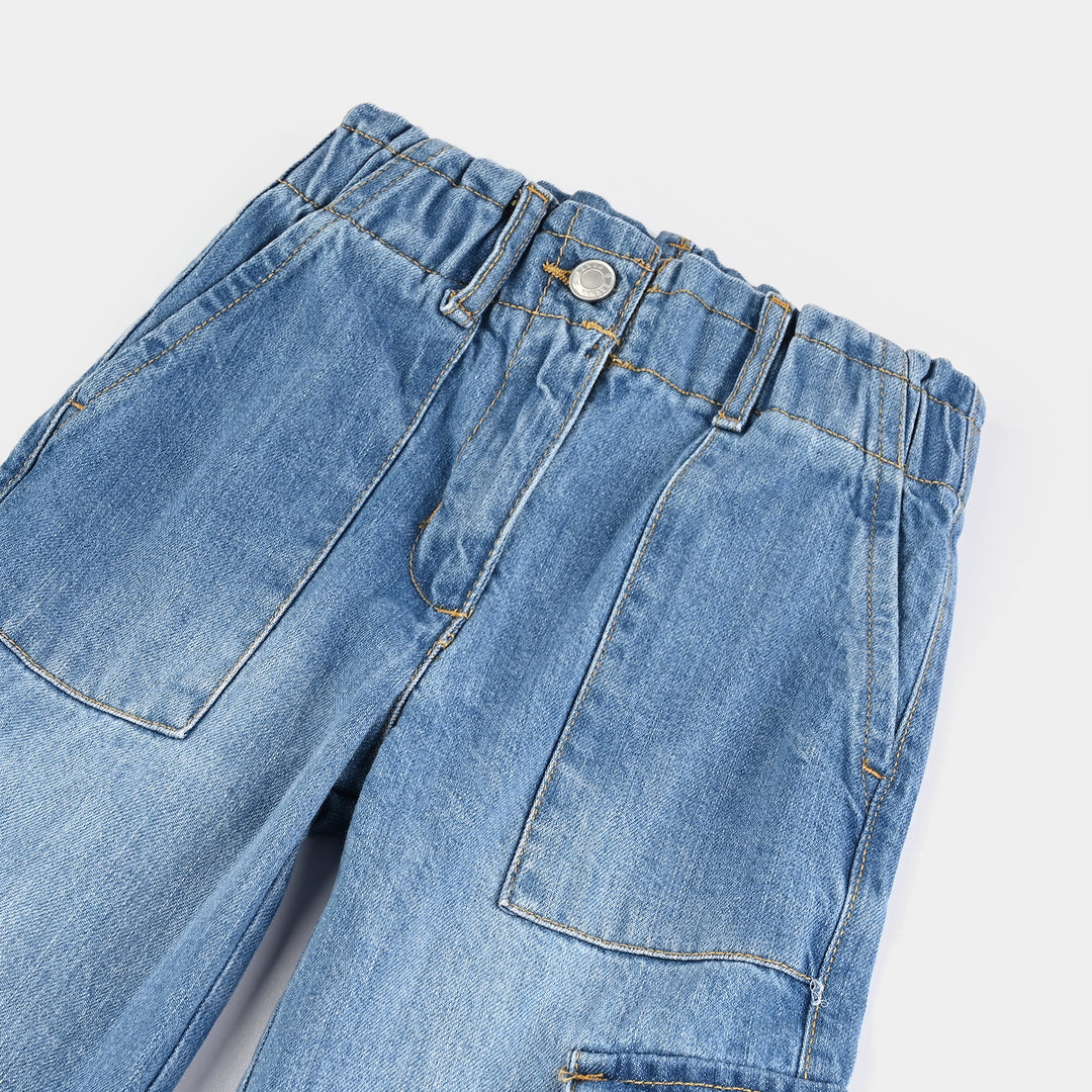 Girls Denim Stretch Pant Cargo-Mid Blue