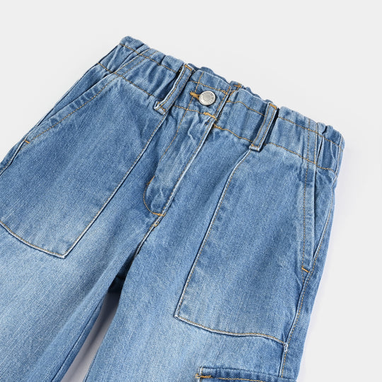 Girls Denim Stretch Pant Cargo-Mid Blue