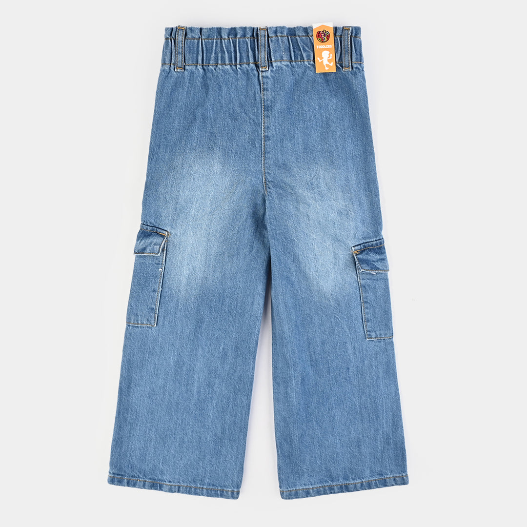 Girls Denim Stretch Pant Cargo-Mid Blue