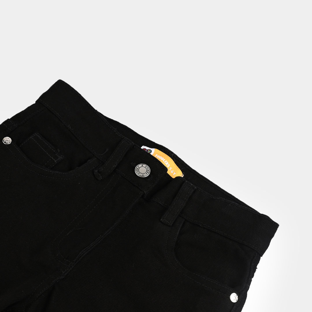 Girls Denim Stretch Pant Basic Wide Legs-BLACK