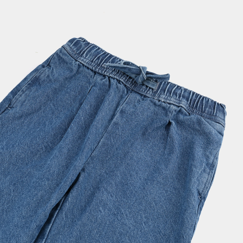 Girls Denim Stretch Pant Darted Wide Leg-Mid Blue
