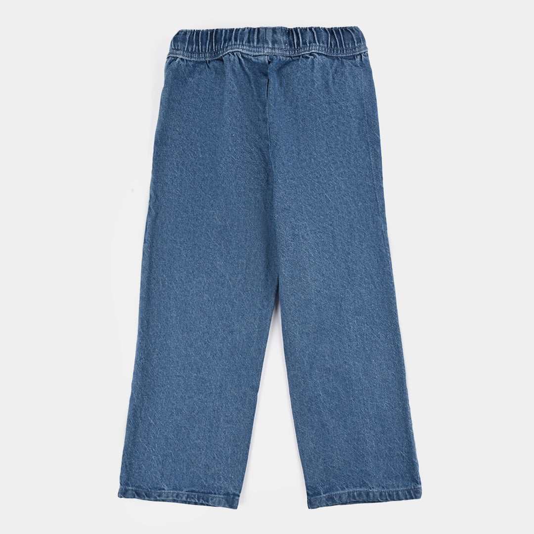 Girls Denim Stretch Pant Darted Wide Leg-Mid Blue