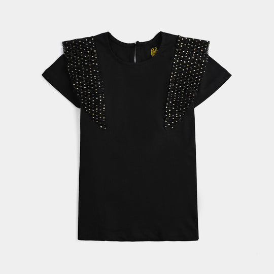 Girls Poly Crinkle T-Shirt H/S GOLDEN POLKA DOT BLACK - BLACK