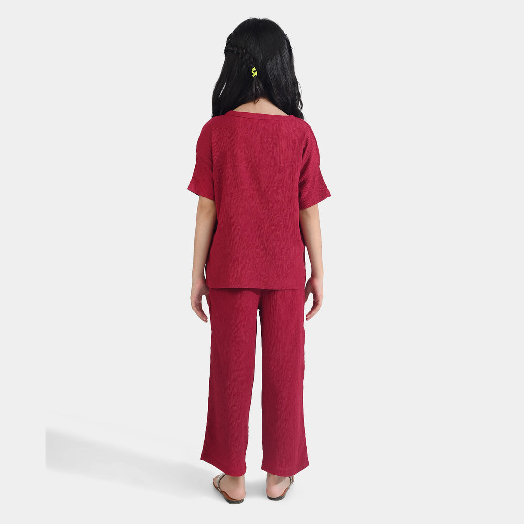 Girls Poly Crinkle 2 Piece Suit Good Vibes - MAROON