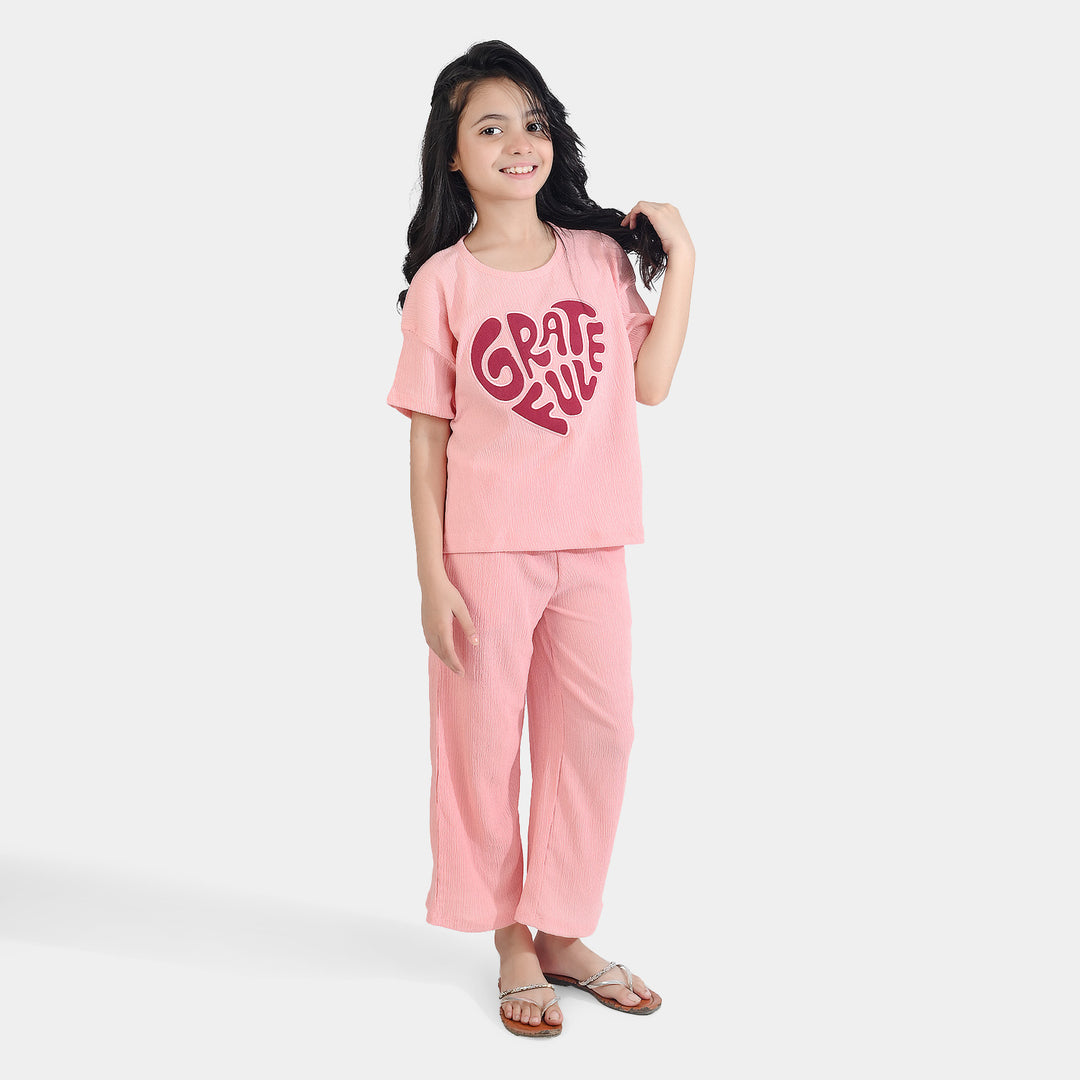 Girls Poly Crinkle 2 Piece Suit Great Full - Pink