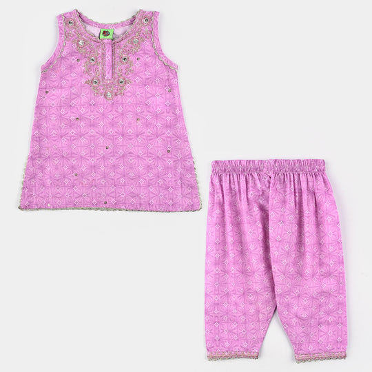 Infant Girls Cotton Poplin Emb & Printed 2Pcs Chunri - Purple