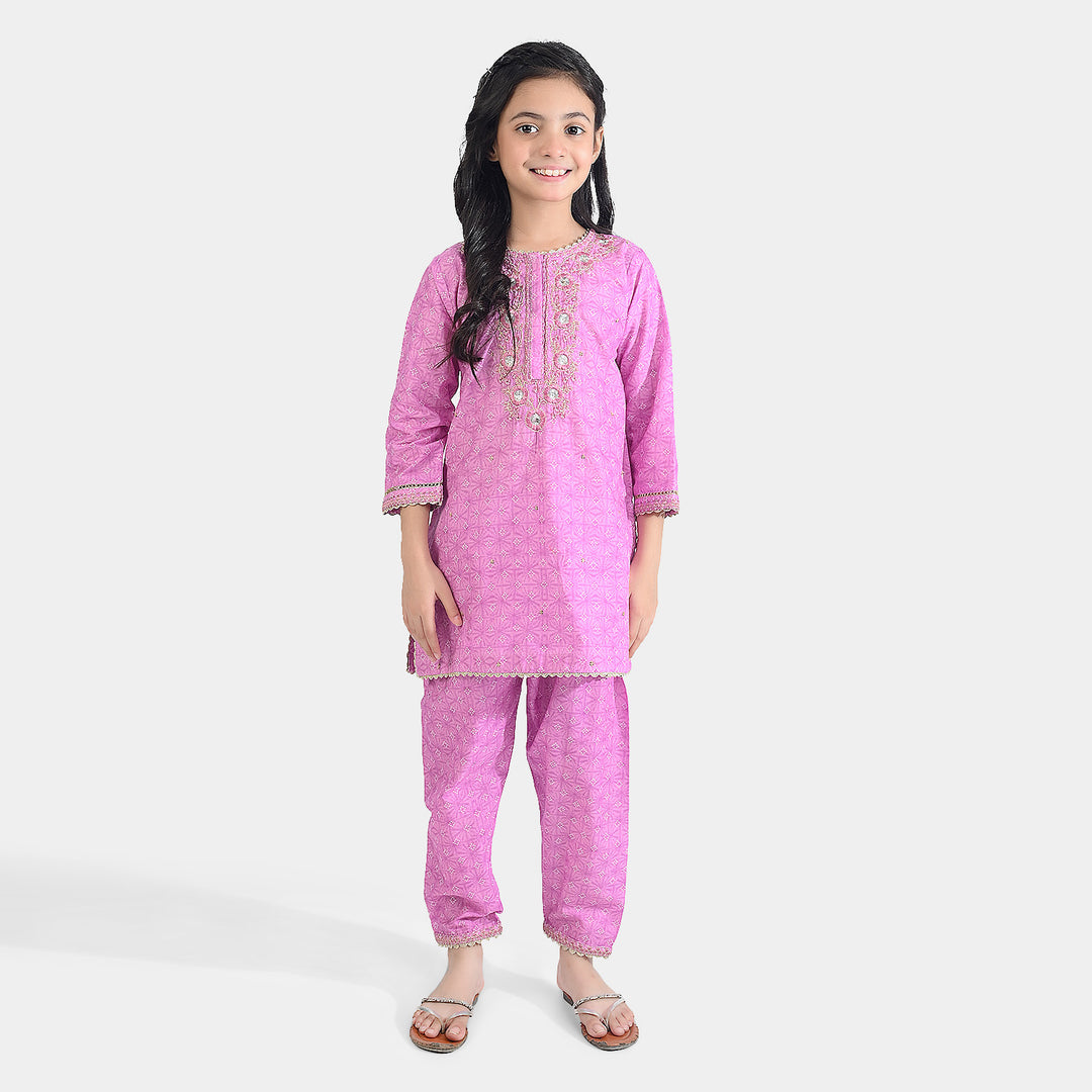Girls Cotton Poplin Emb & Printed 2Pcs Chunri - Purple