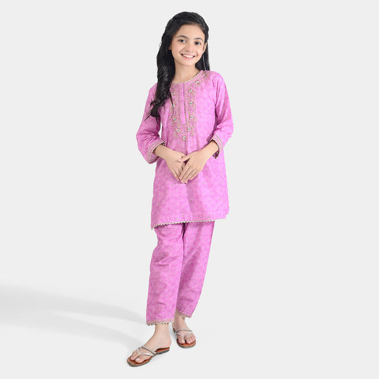 Girls Cotton Poplin Emb & Printed 2Pcs Chunri - Purple