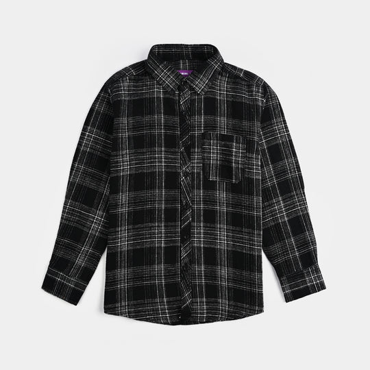 Boys Flannel Shirt F/S (Black Checkered) - BLACK