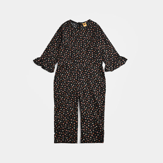 Girls Cotton Poplin Jumpsuit Rust Flowers-BLACK