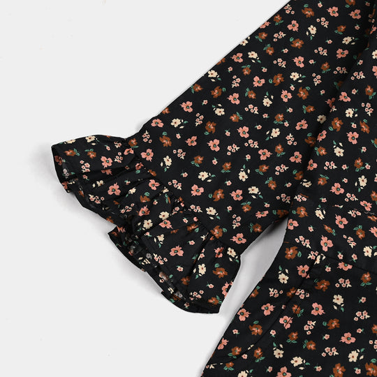 Girls Cotton Poplin Jumpsuit Rust Flowers-BLACK