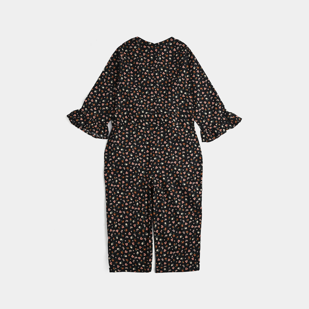Girls Cotton Poplin Jumpsuit Rust Flowers-BLACK