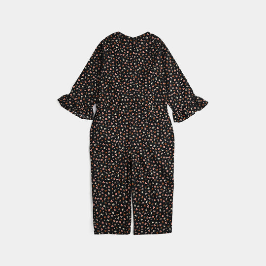 Girls Cotton Poplin Jumpsuit Rust Flowers-BLACK