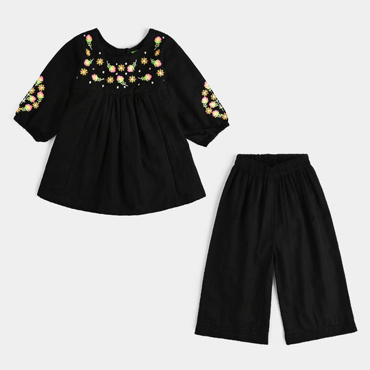 Infant Girls Cotton Emb 2Pcs Splash-BLACK