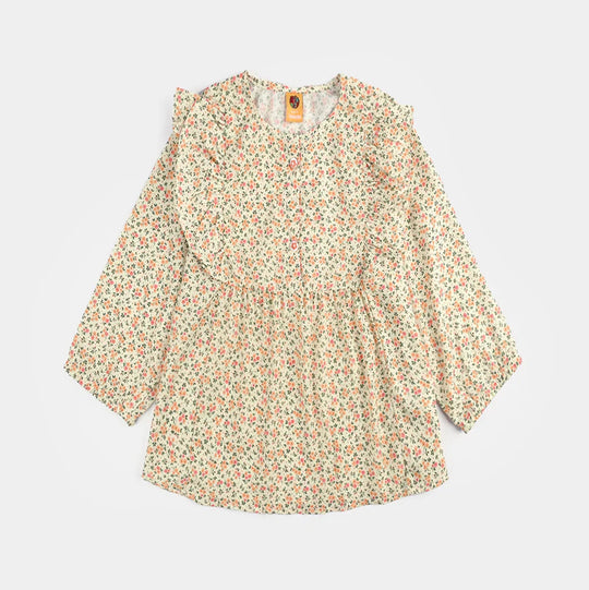 Girls Poly Net Casual Top Yellow Flowers-Cream