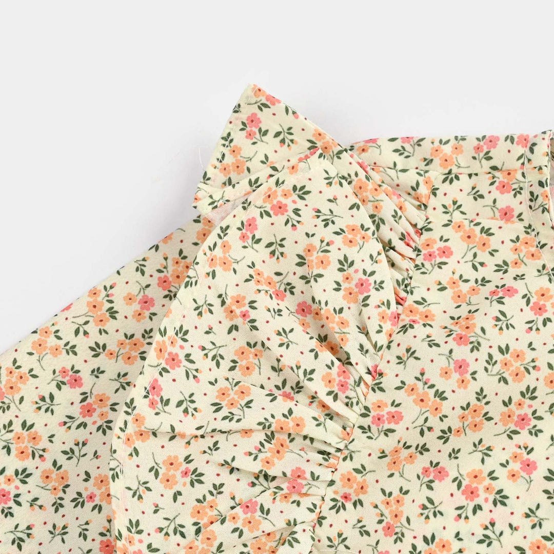 Girls Poly Net Casual Top Yellow Flowers-Cream