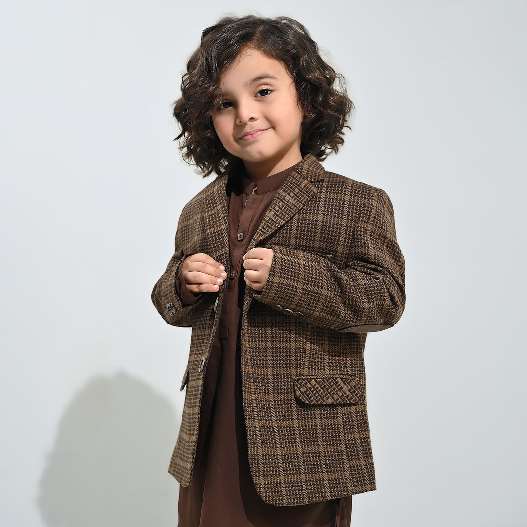 Boys Wool Blazer (Patch)-BROWN