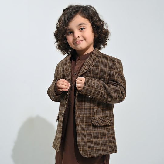 Boys Wool Blazer (Patch)-BROWN