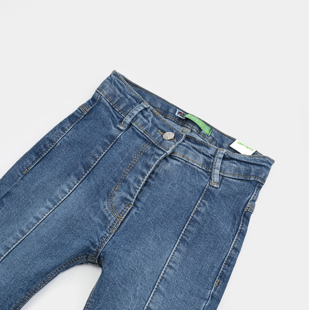 Infant Girls Denim Stretch Front Bone Pockets-Mid Blue