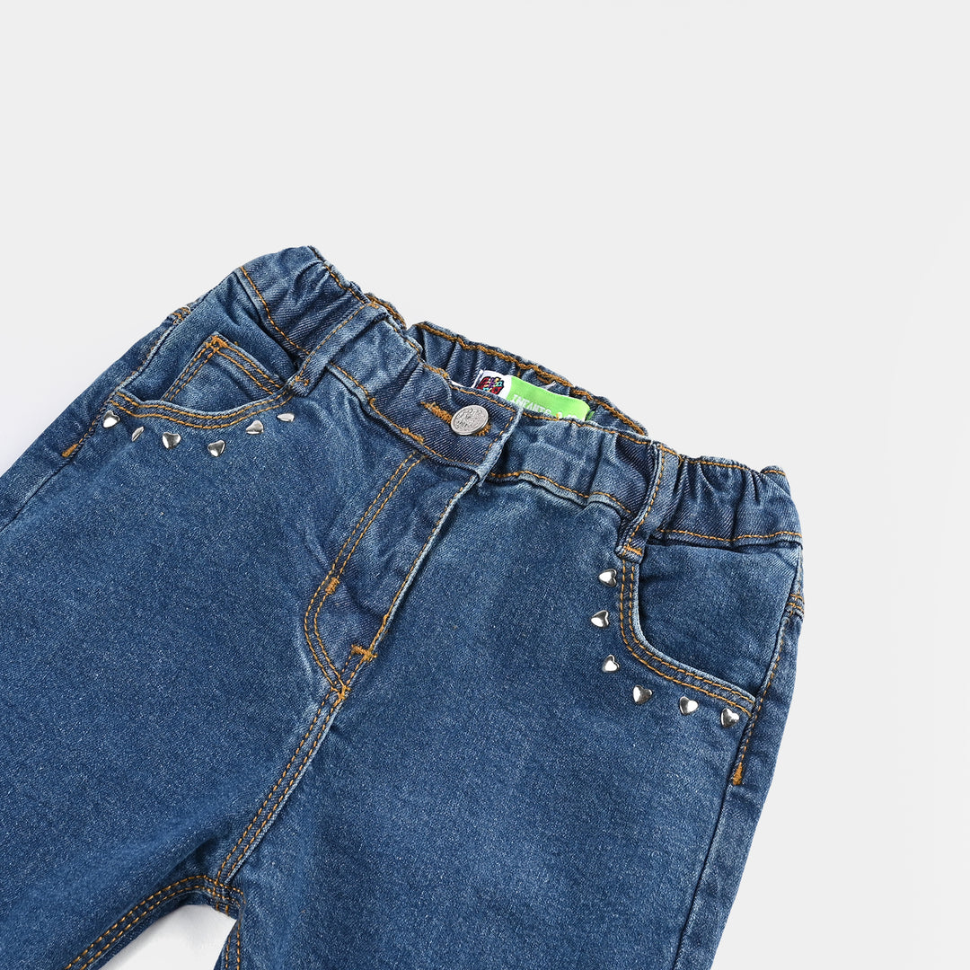 Infant Girls Denim Stretch Pant Heart Shape Studs-DARK BLUE