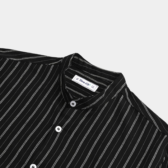 Teens Boys Yarn Dyed Shirt (Black Stripe)-BLACK