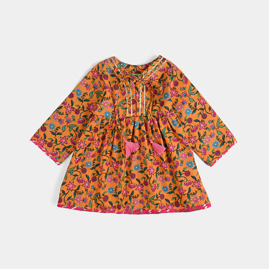 Infant Girls Cotton Poplin Printed 2 Pcs Desi Tribe-Mustard
