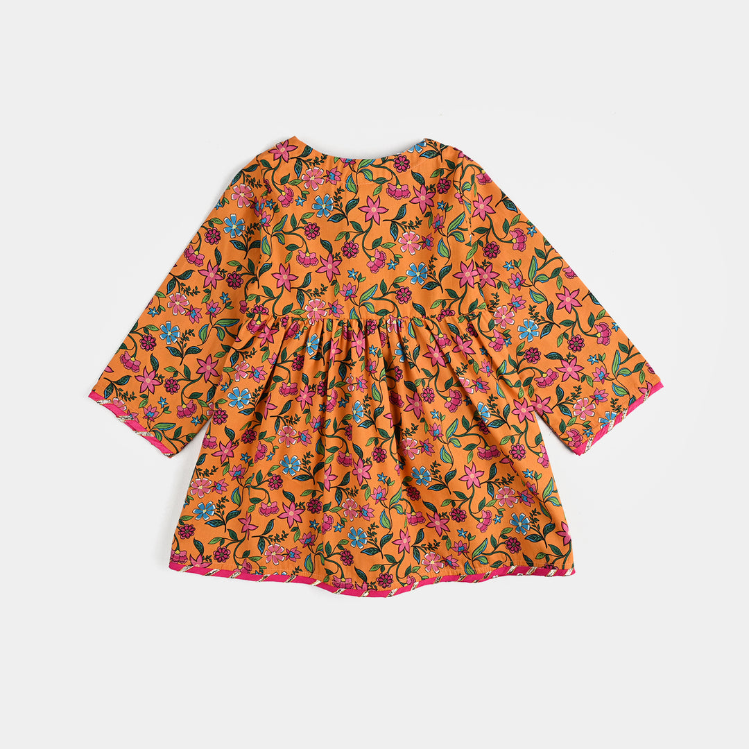 Infant Girls Cotton Poplin Printed 2 Pcs Desi Tribe-Mustard