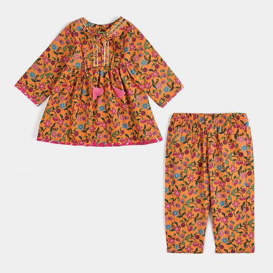 Infant Girls Cotton Poplin Printed 2 Pcs Desi Tribe-Mustard