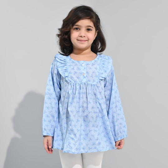 Girls Poly Viscose Casual Top Blue Bow-BLUE