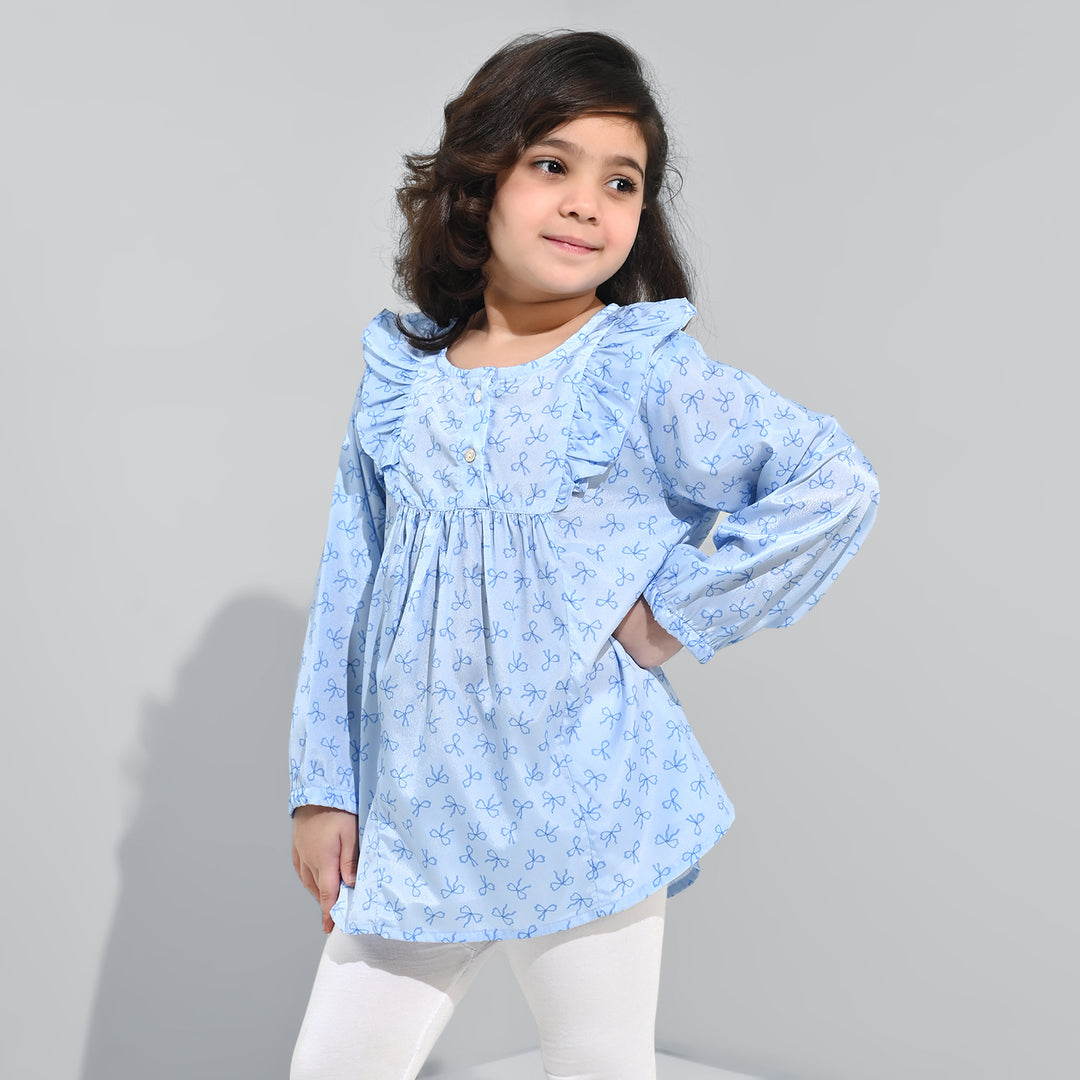 Girls Poly Viscose Casual Top Blue Bow-BLUE