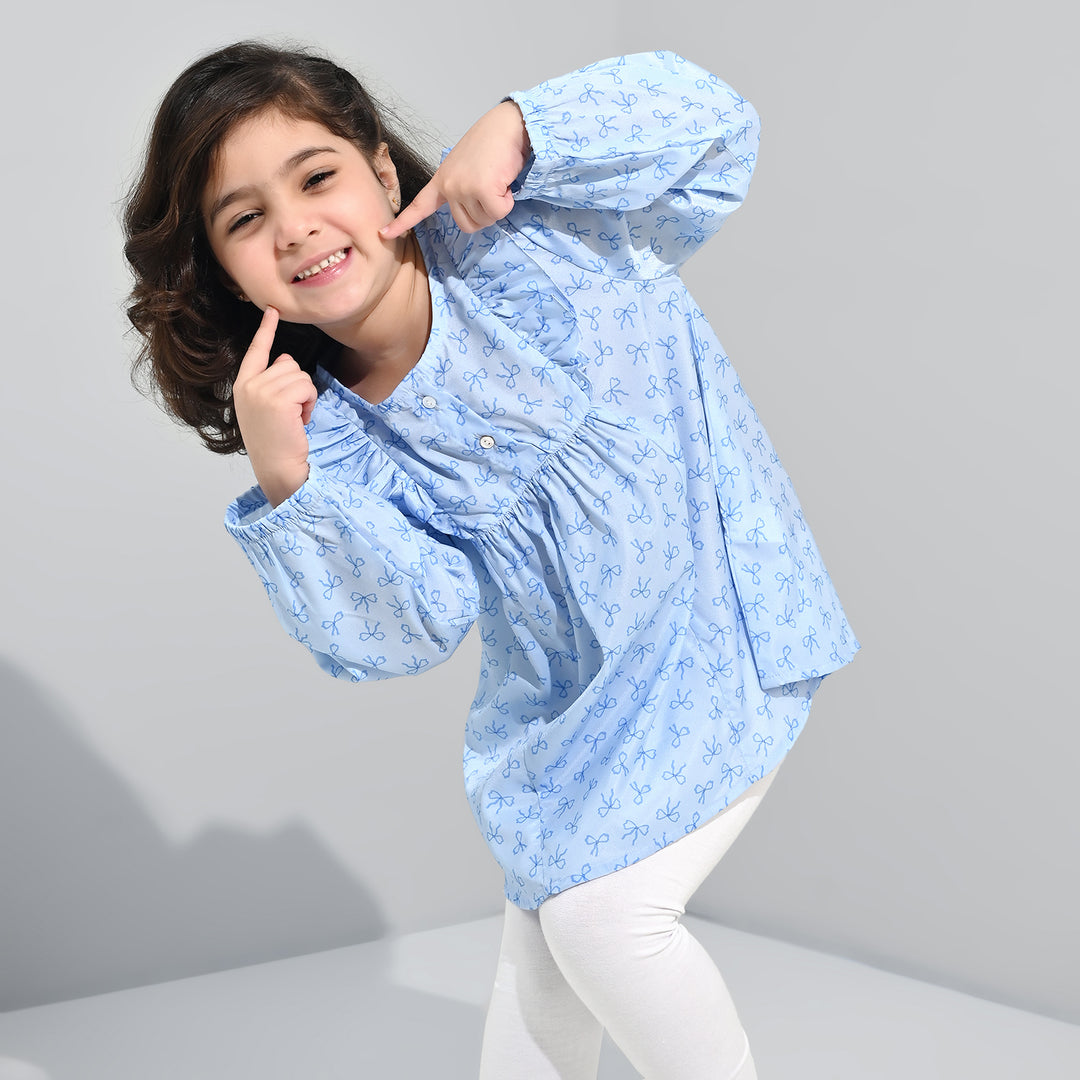 Girls Poly Viscose Casual Top Blue Bow-BLUE