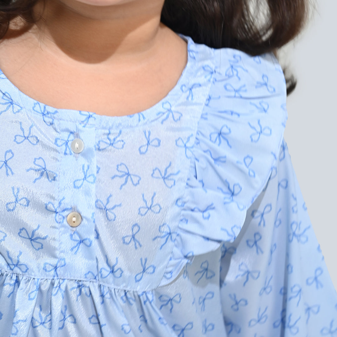 Girls Poly Viscose Casual Top Blue Bow-BLUE