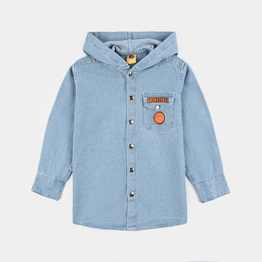 Boys Denim rigid Hooded Shirt Basketball-Ice Blue