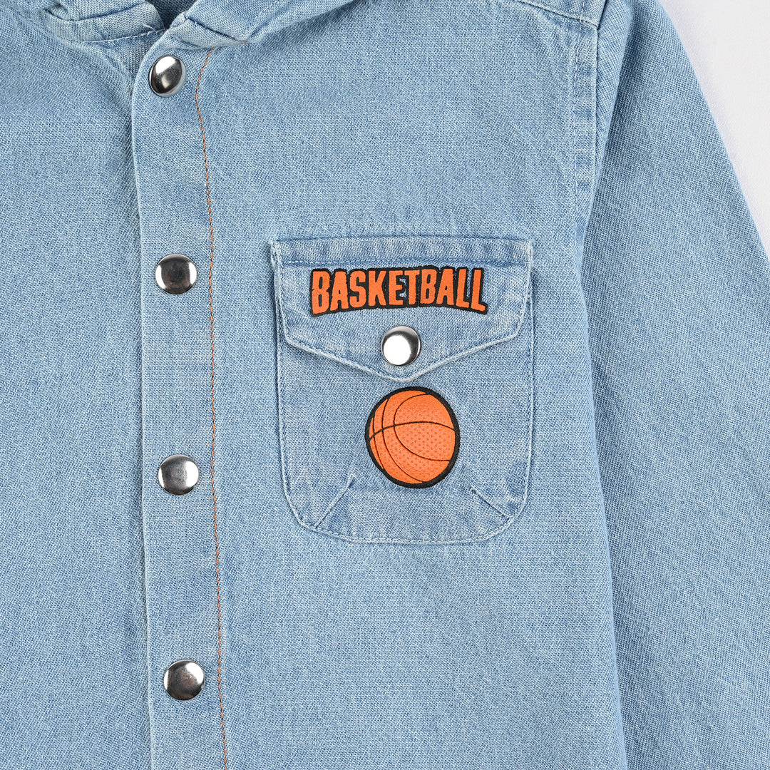 Boys Denim rigid Hooded Shirt Basketball-Ice Blue