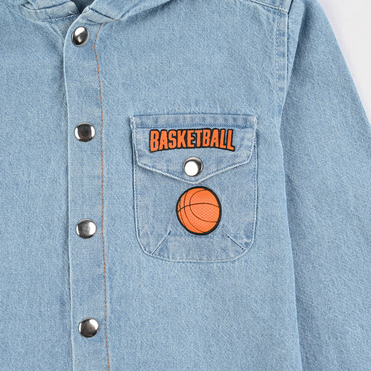 Boys Denim rigid Hooded Shirt Basketball-Ice Blue