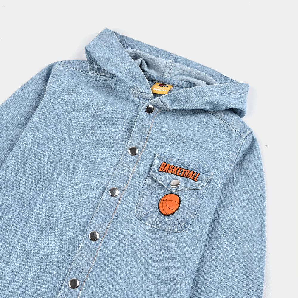 Boys Denim rigid Hooded Shirt Basketball-Ice Blue