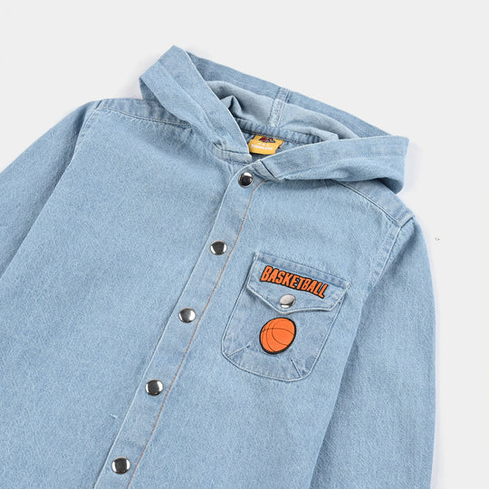 Boys Denim rigid Hooded Shirt Basketball-Ice Blue